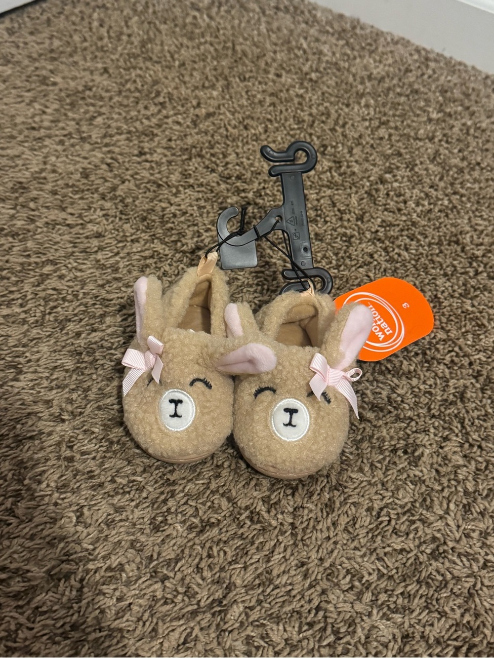 wonder nation Beige Bunny Plush Baby Slippers with Pink Bows